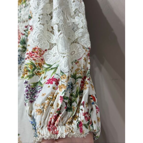 FARM RIO Delicate Forest Scarves Billowy-Sleeve Embroidered Mini Dress Women's L - Picture 4 of 14